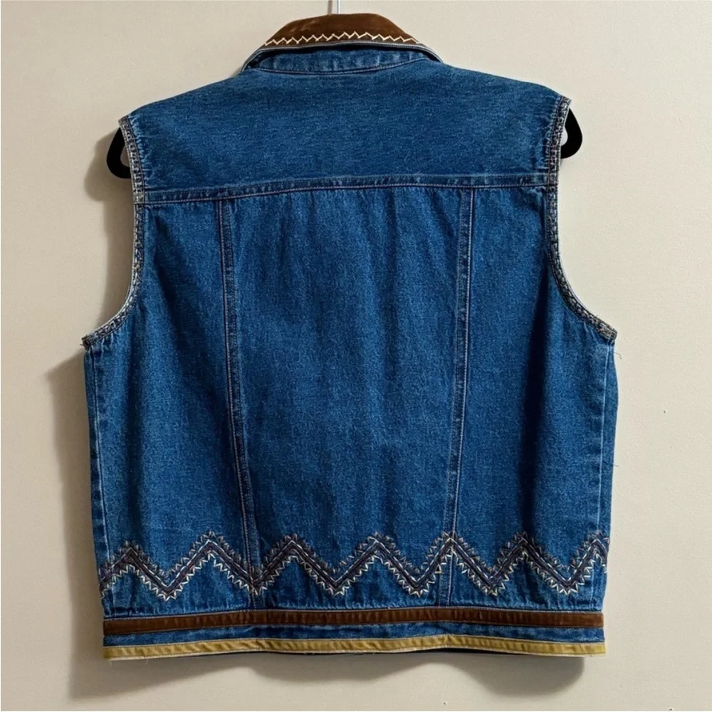 Life Style Sz XL Cotton Suede Trim Embroidered Denim County Western Vest - Picture 2 of 9